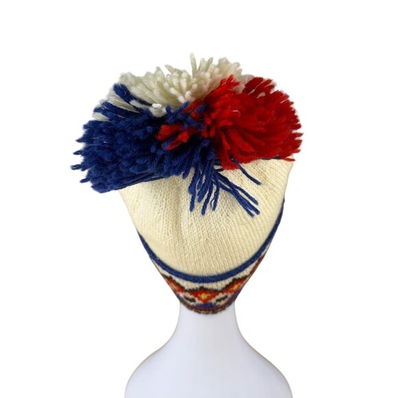Handmade White & Multicolor Wool Knit Pom Pom Winter Hat With Fair Isle Pattern - Picture 3 of 6